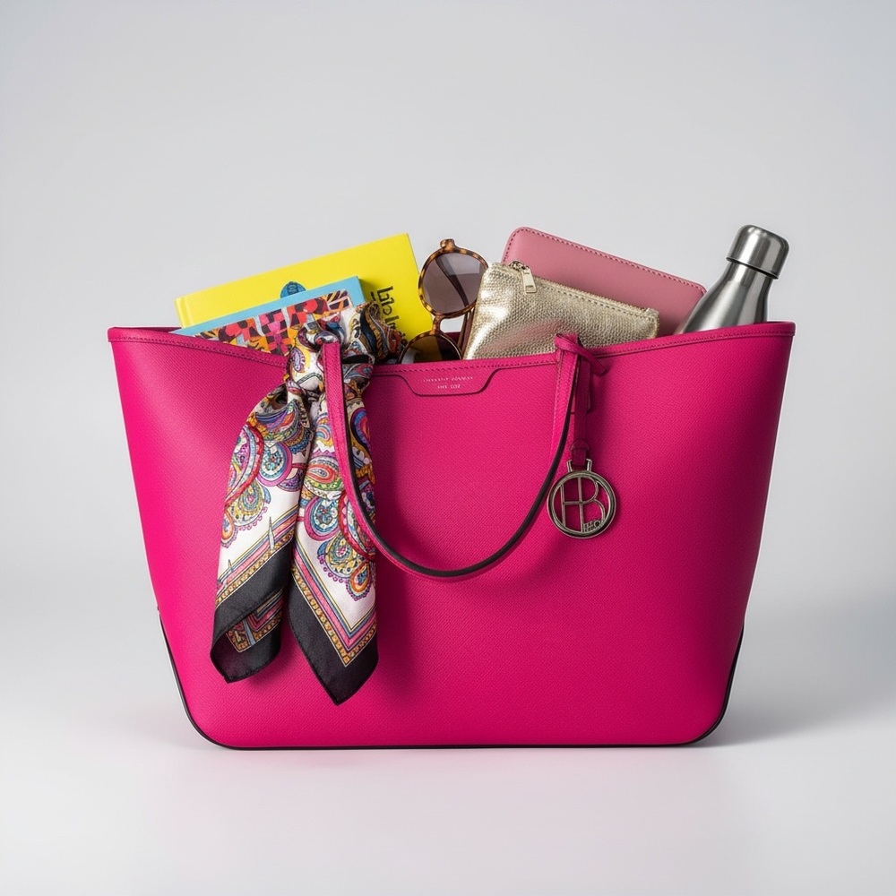 Henri Bendel Hot Pink Saffiano Leather Tote Bag Gold Hardware Large Shopper